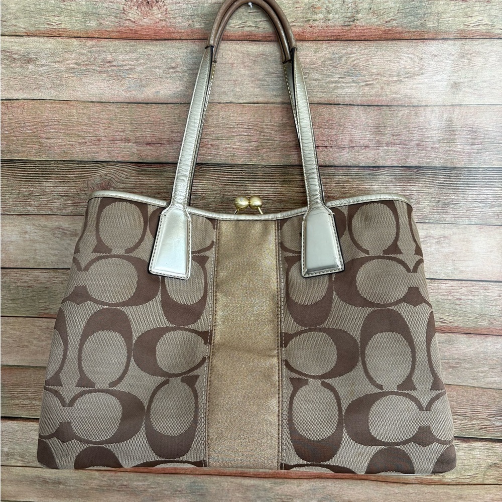Coach Brown Signature Kiss Lock Bag